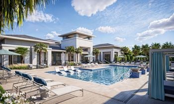 Resort style pool with tanning ledge, sundeck & cabanas